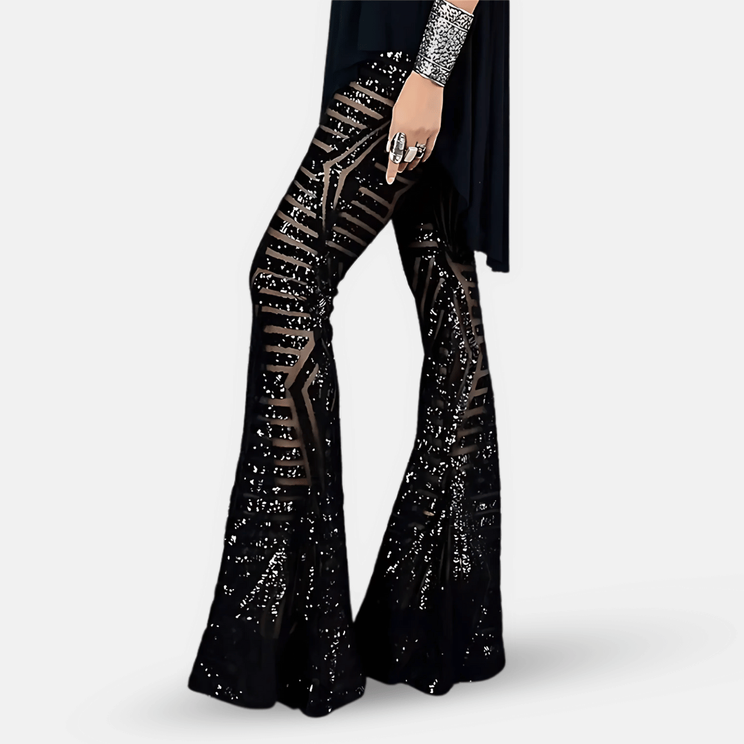 Dames flared broek met pailletten en hoge taille