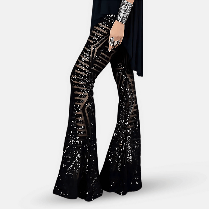 Dames flared broek met pailletten en hoge taille
