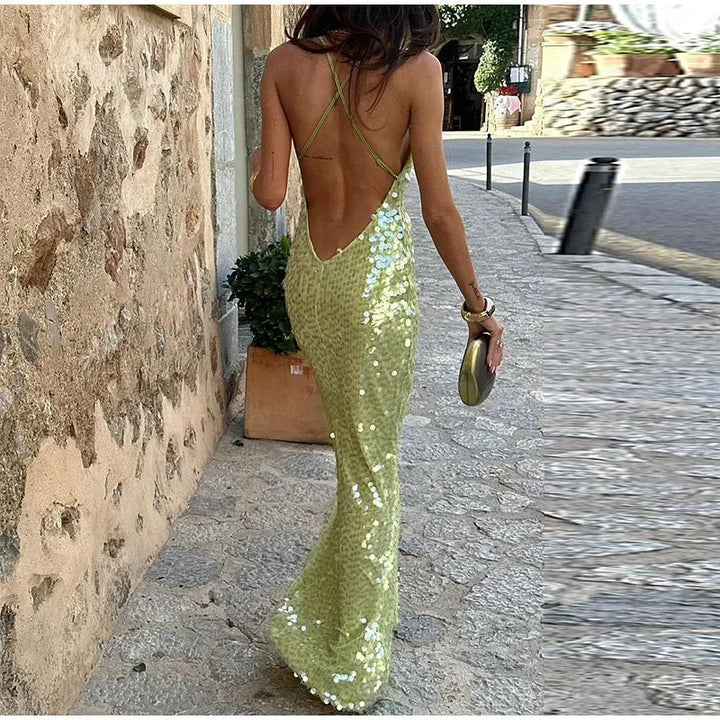 Luxe Paillettenjurk met Open Rug en Spaghettibandjes