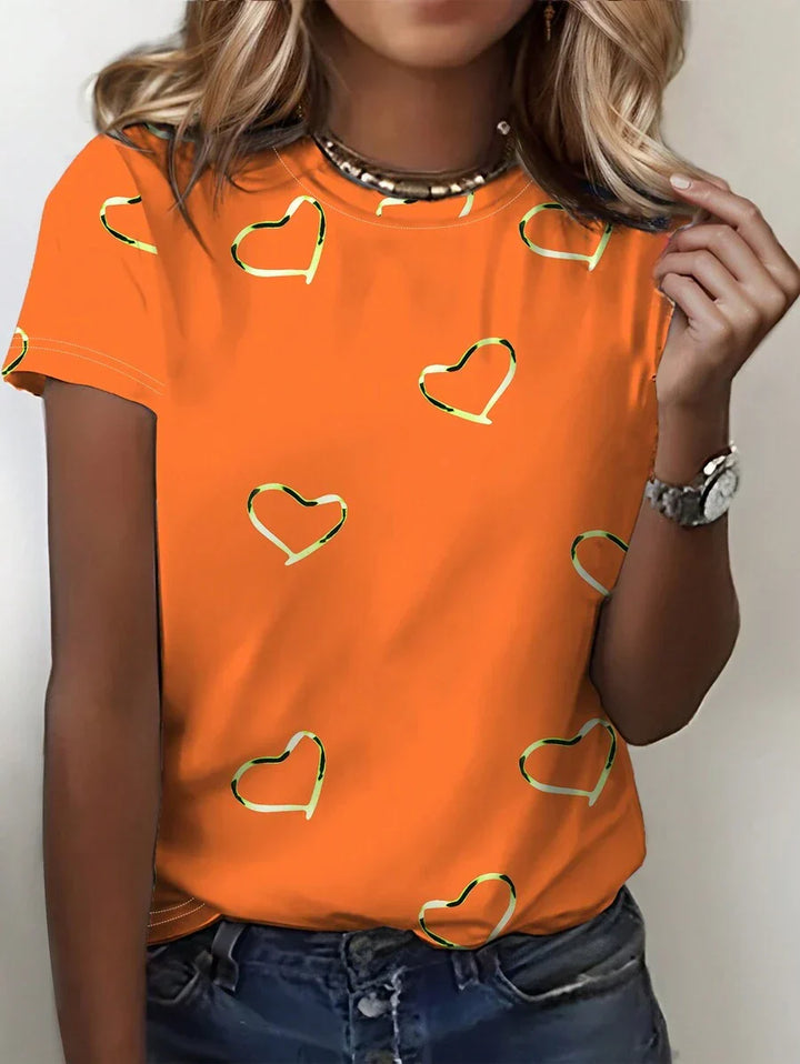 Oranje Dames T-shirt met Hartvormige Print