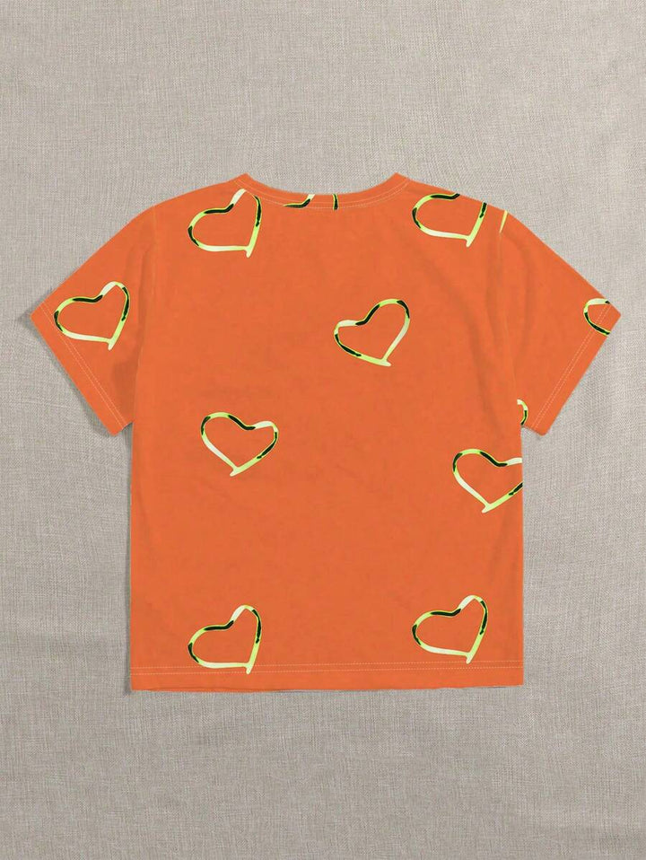 Oranje Dames T-shirt met Hartvormige Print