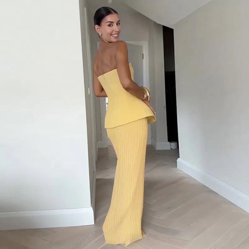 Elegante Strapless Top en Plissé Rok Set