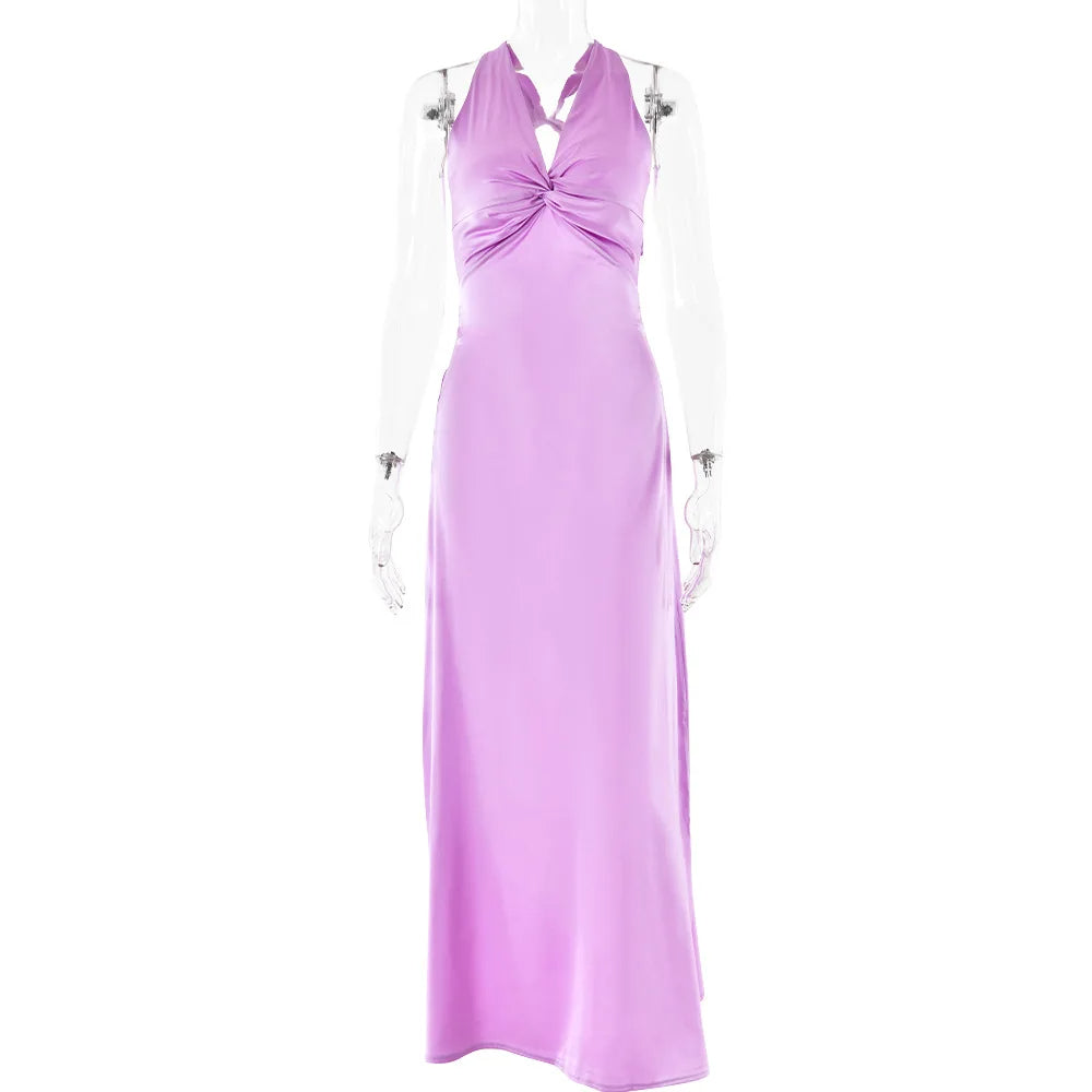Sexy Satijnen Maxi Jurk met Open Rug en Strikdetail