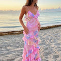 Kleurrijke Boho Maxi-Jurk met Ruffles en V-Hals