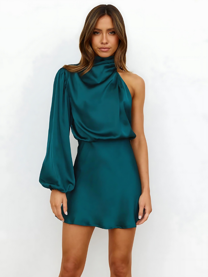 One Shoulder Satijnen Mini Jurk met Elegante Halslijn