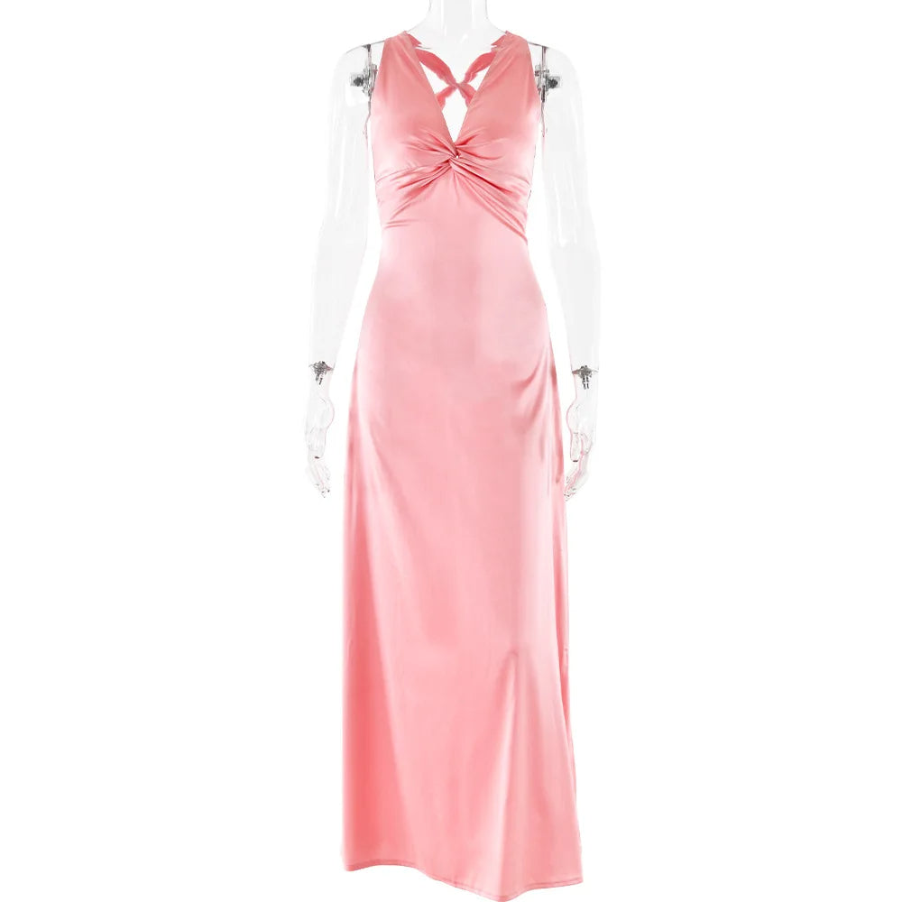 Sexy Satijnen Maxi Jurk met Open Rug en Strikdetail