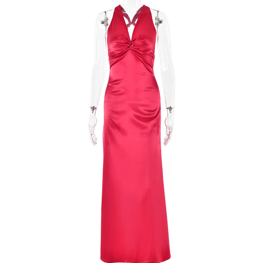 Sexy Satijnen Maxi Jurk met Open Rug en Strikdetail