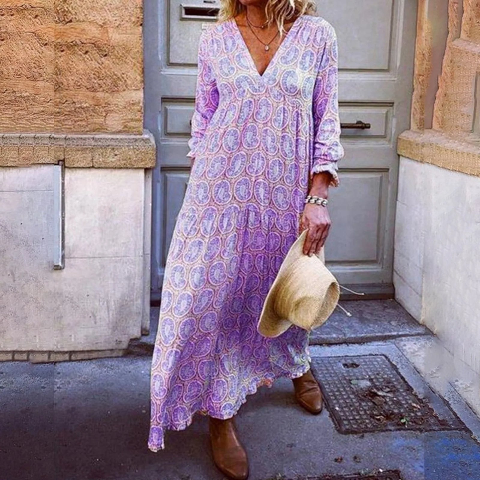 Maxi zomerjurk met geometrische print en boho-uitstraling