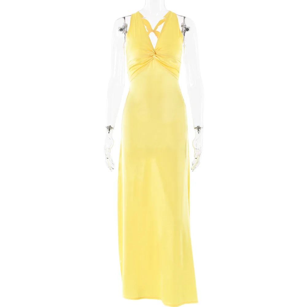 Sexy Satijnen Maxi Jurk met Open Rug en Strikdetail