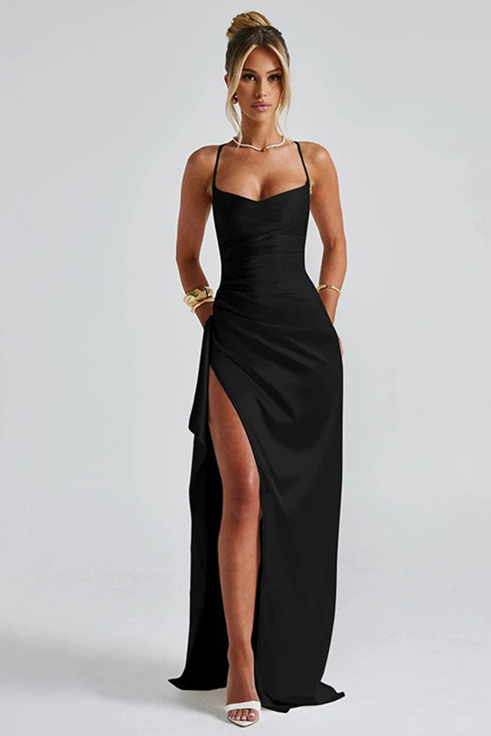 Elegante Maxi Jurk met Spaghettibandjes en Hoge Split