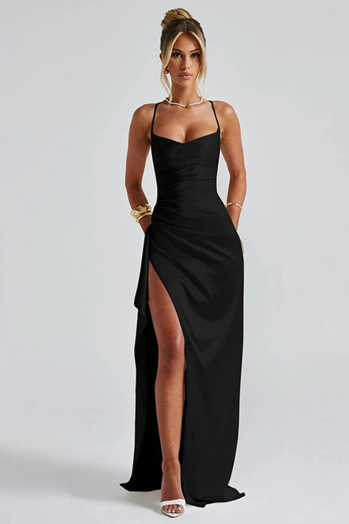 Elegante Maxi Jurk met Spaghettibandjes en Hoge Split