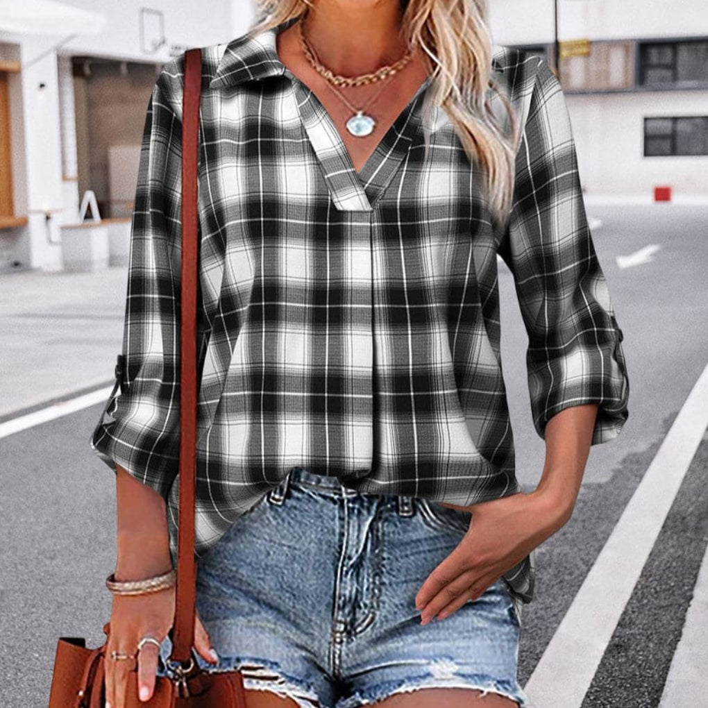 Geruite blouse met lange mouwen en V-hals voor dames