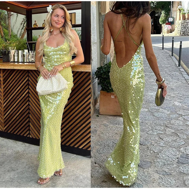 Luxe Paillettenjurk met Open Rug en Spaghettibandjes