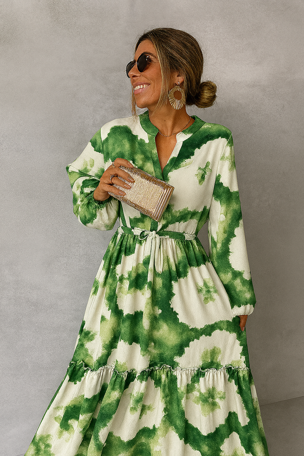 Dames maxi-jurk met lange mouwen en V-hals