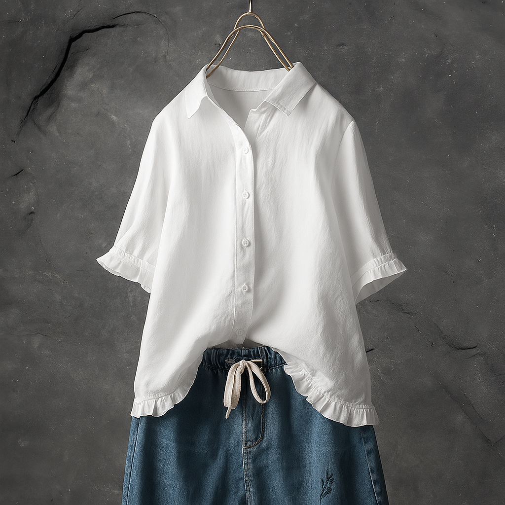 Katoenen blouse met knoopsluiting en gerimpelde zoom