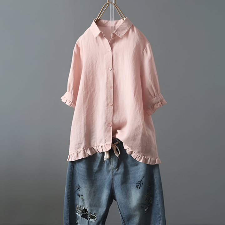 Katoenen blouse met knoopsluiting en gerimpelde zoom