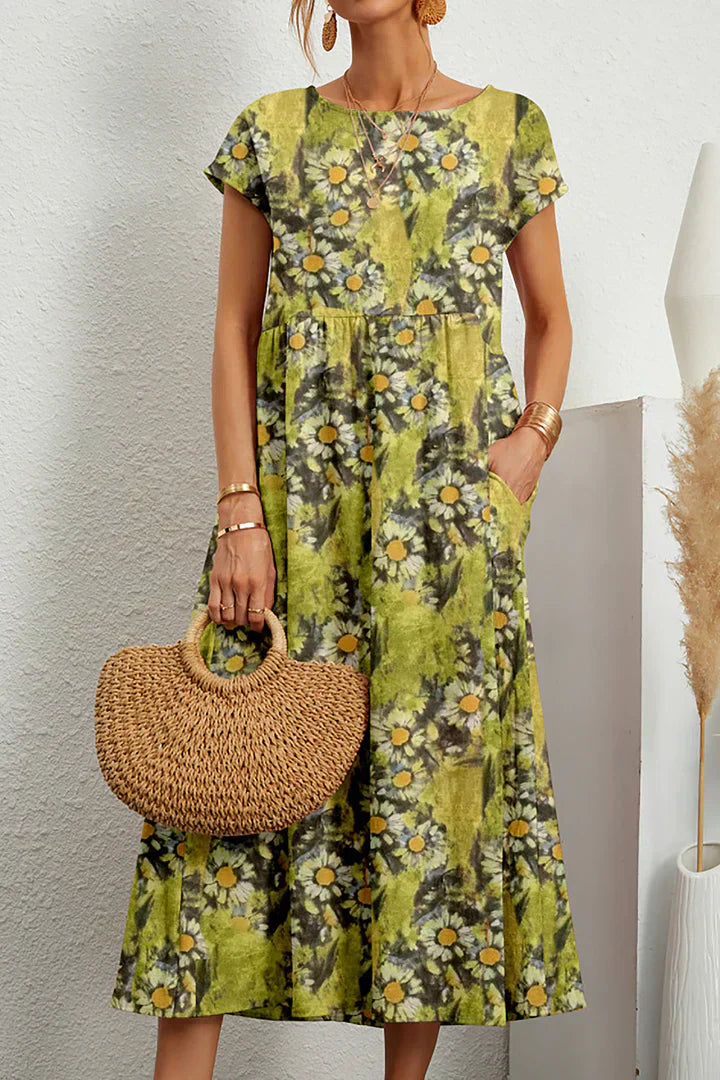 Bohemian bloemenprint midi-jurk met kapmouwen