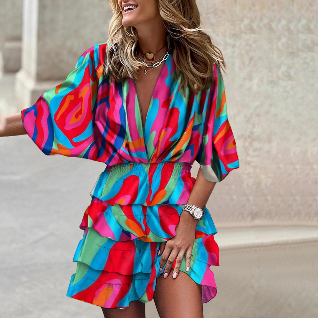 Maeva - V-Hals Mini Jurk met Geometrische Print