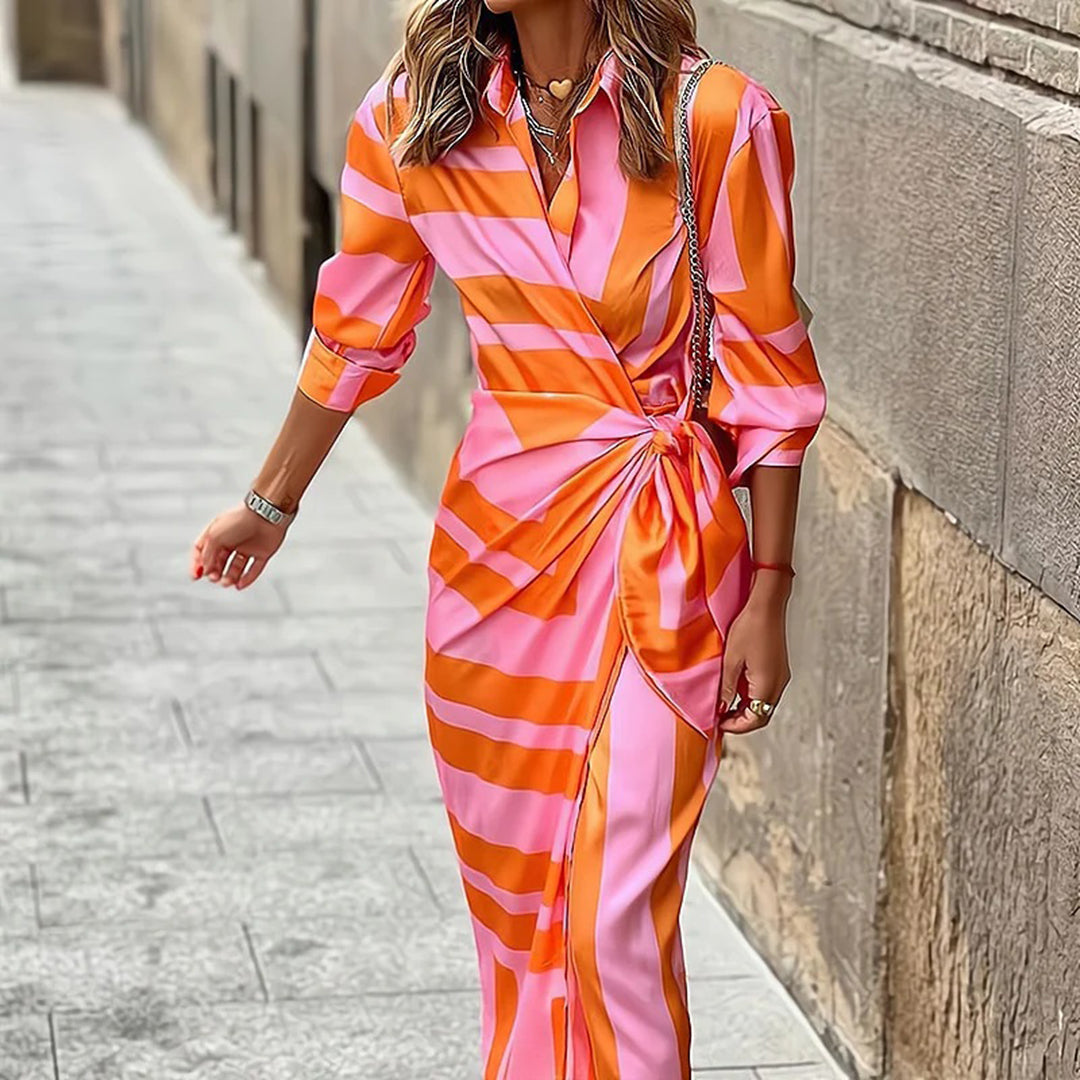 Getailleerde Midi Jurk met Print en Strikdetail