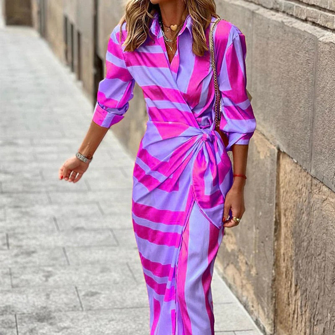 Getailleerde Midi Jurk met Print en Strikdetail