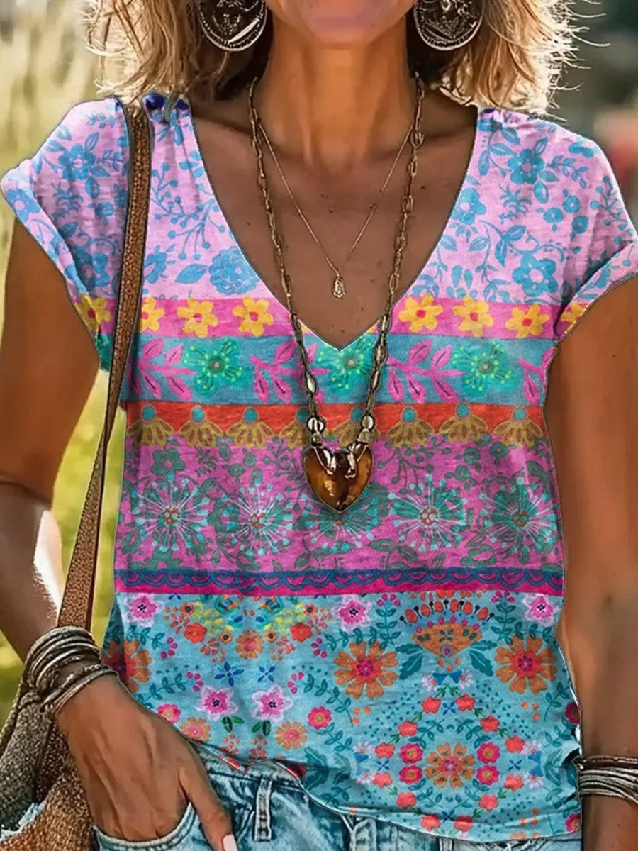 Comfortabel T-Shirt met Bloemenprint en V-hals