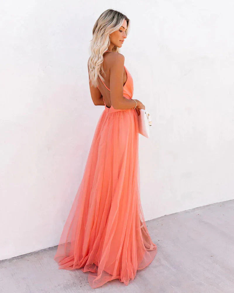 Elegante Maxi Slip Dress met Kant en Open Rug